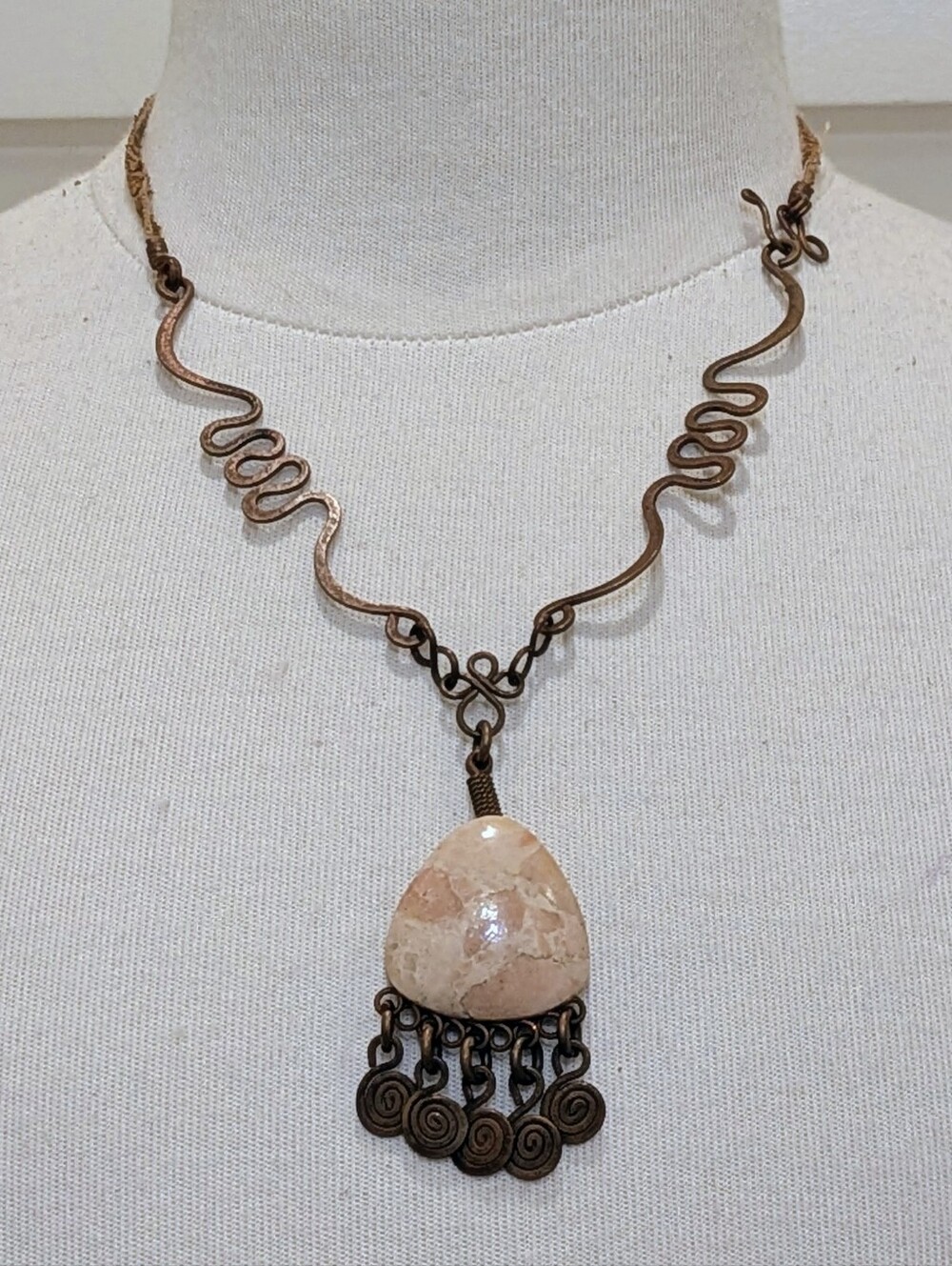 Handmade Vintage 17" Copper, Brecciated Jasper and Leather Necklace